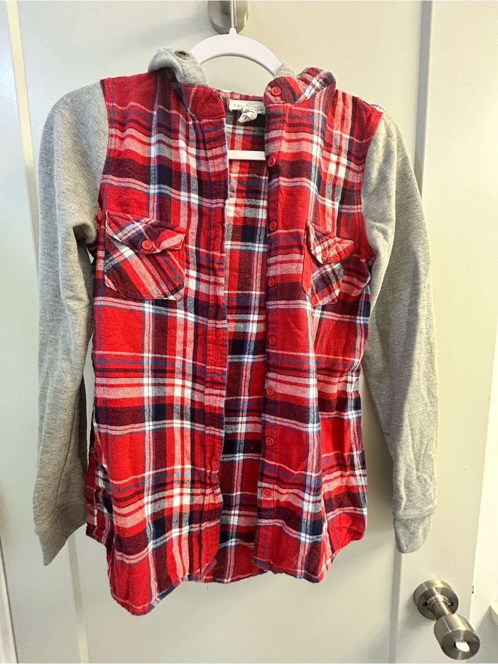 Full Tilt Red Plaid Hooded Button-Up with Gray Sleeves Juniors